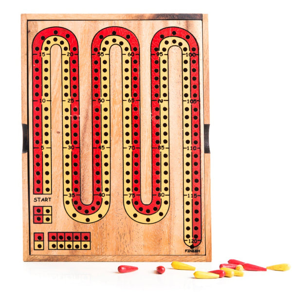 Wooden cribbage board with red and yellow pegs on a white background