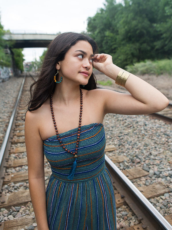 Close-up of Wooden Warrior Tassel Necklace showing boho beaded detail – Fair Anita fair trade jewellery
