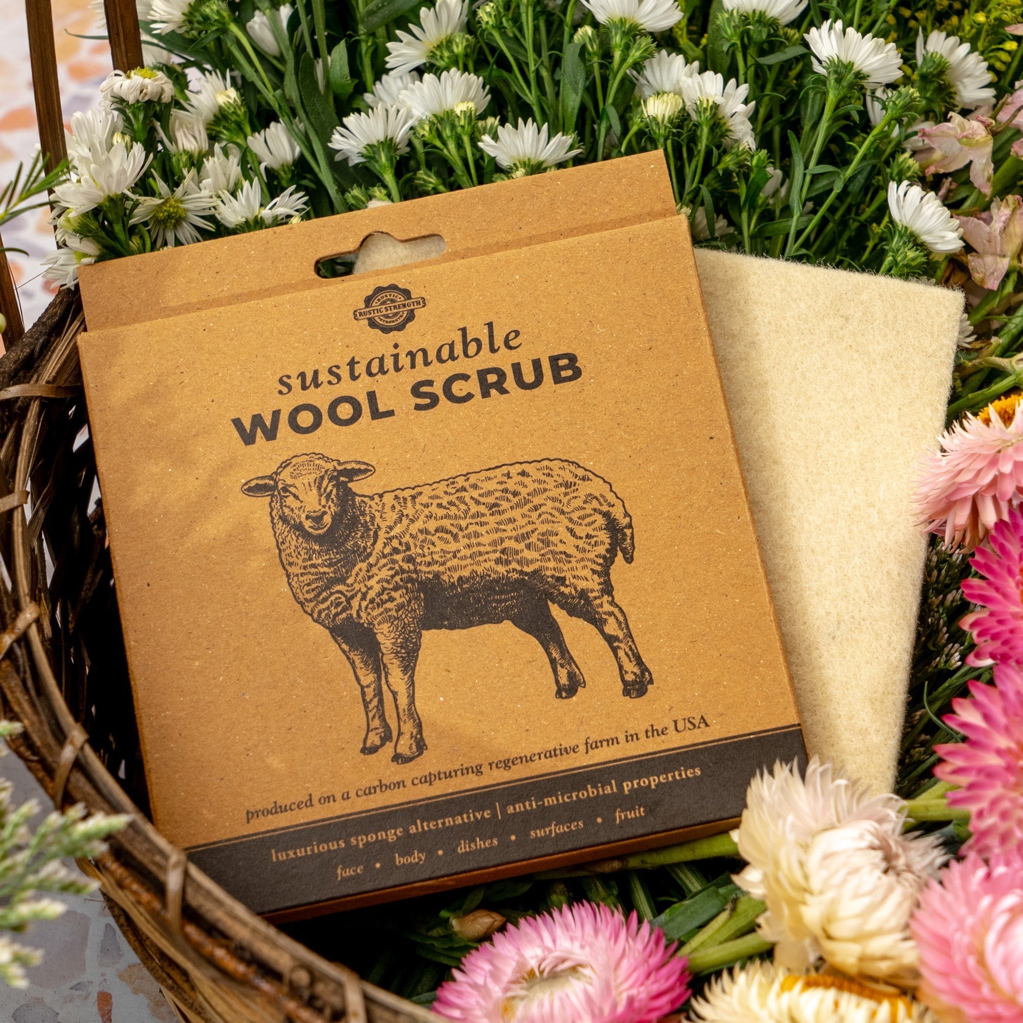 Handmade wool scrub on a kitchen surface – antimicrobial and biodegradable sponge replacement