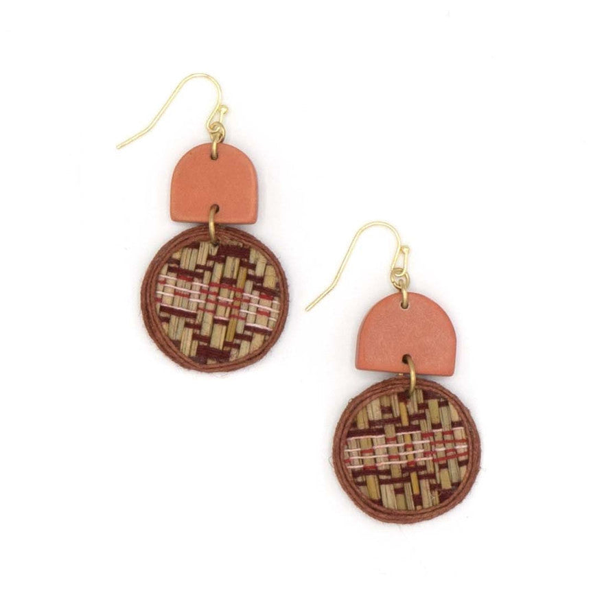 Woven desert earrings in natural rust fiber by Fair Anita – handmade statement earrings