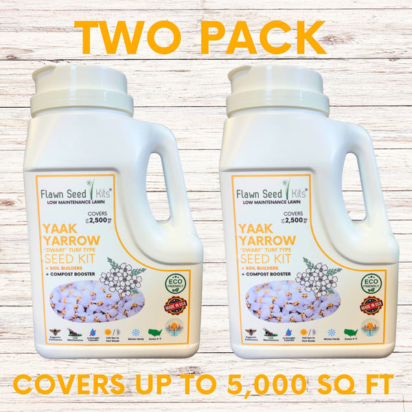 Two bottles of Flawn Seed Kit with labels on a wooden background, featuring text about coverage area.