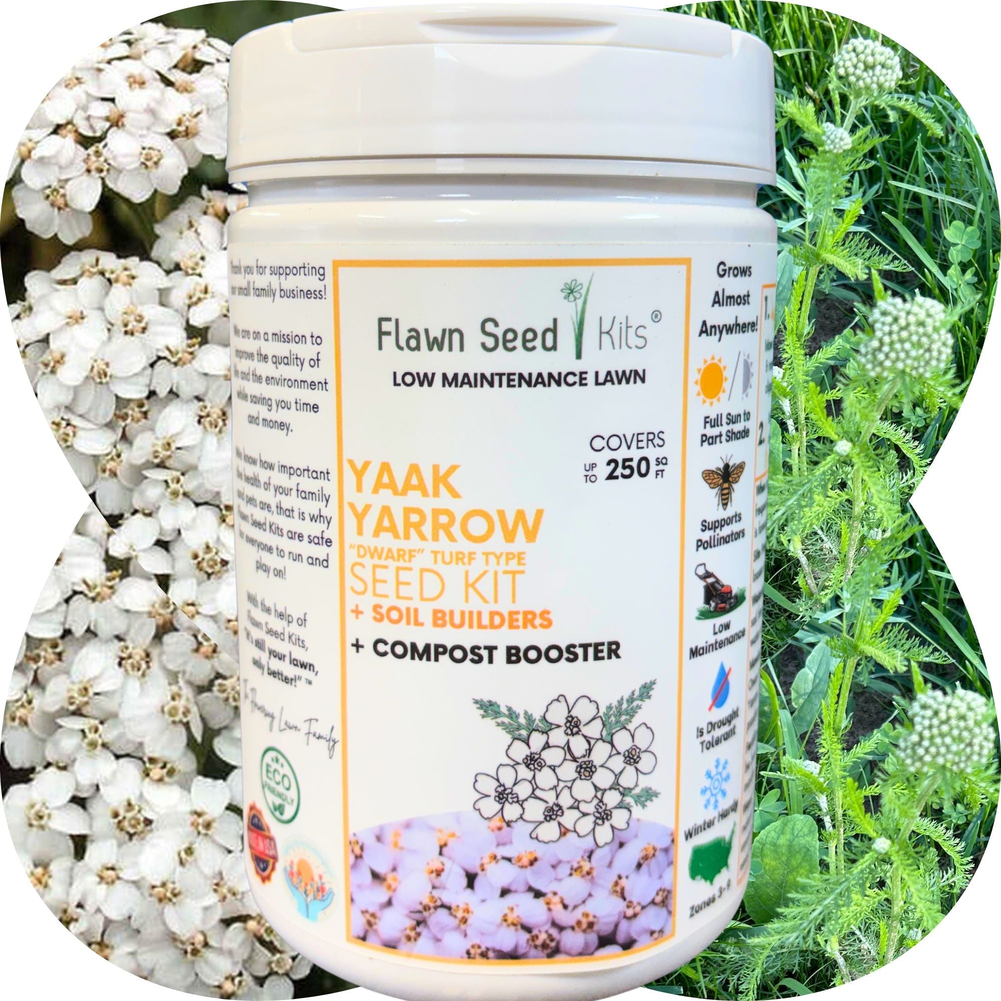 Flawn Seed Kits container with yaak yarrow seeds and soil builders on a natural background. Transform your lawn with non-GMO Yaak Yarrow — an easy-spread flowering lawn kit with compost & soil builders. Pollinator-friendly, drought-tolerant & low-maintenance. Shop now.