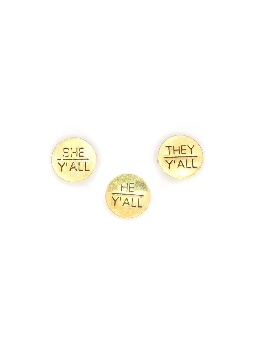 Y'all pronoun pin in recycled brass – ethically made LGBTQ+ accessory by Fair Anita