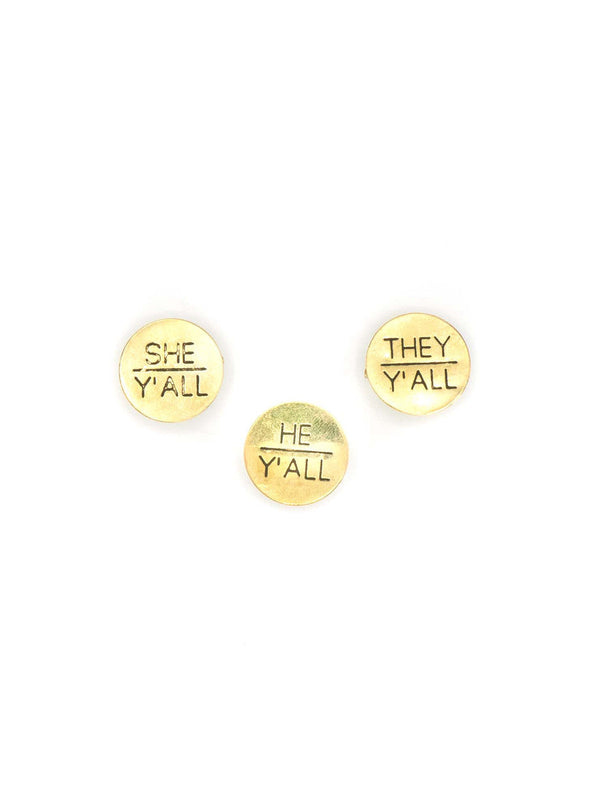 Y'all pronoun pin in recycled brass – ethically made LGBTQ+ accessory by Fair Anita