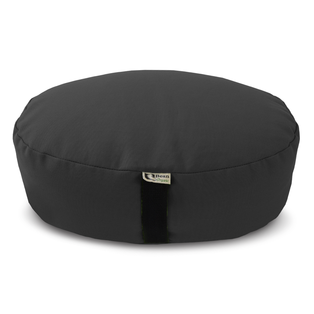Black oval cotton zafu meditation cushion with organic buckwheat filling by Bean Products