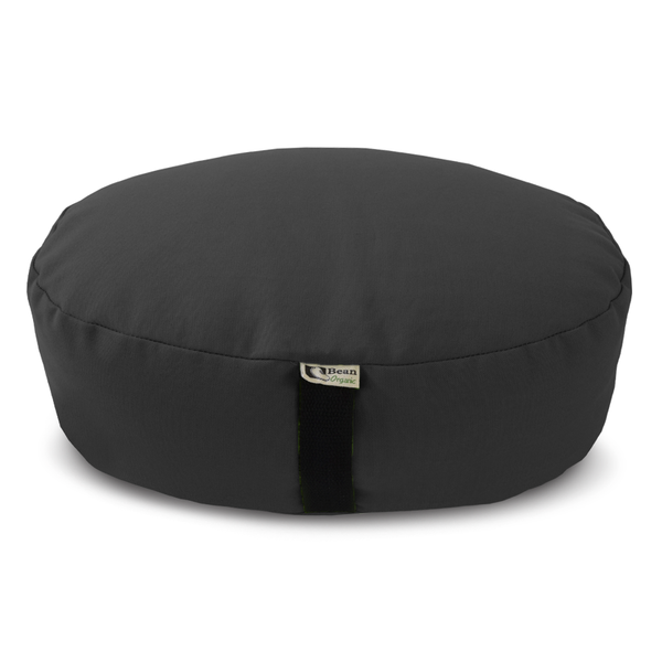 Black oval cotton zafu meditation cushion with organic buckwheat filling by Bean Products