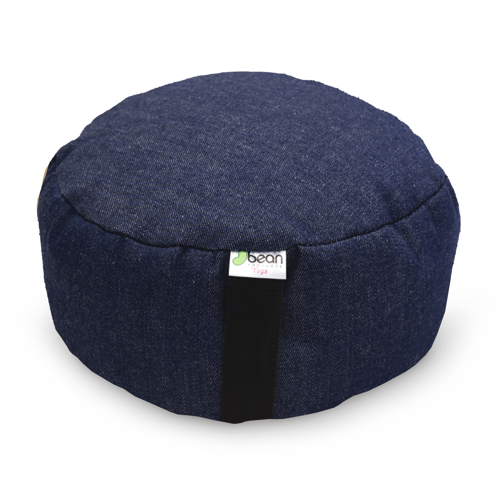 Blue meditation cushion with a visible brand logo on a white background