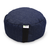 Blue meditation cushion with a visible brand logo on a white background