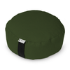 Green meditation cushion with a black strap on a white background