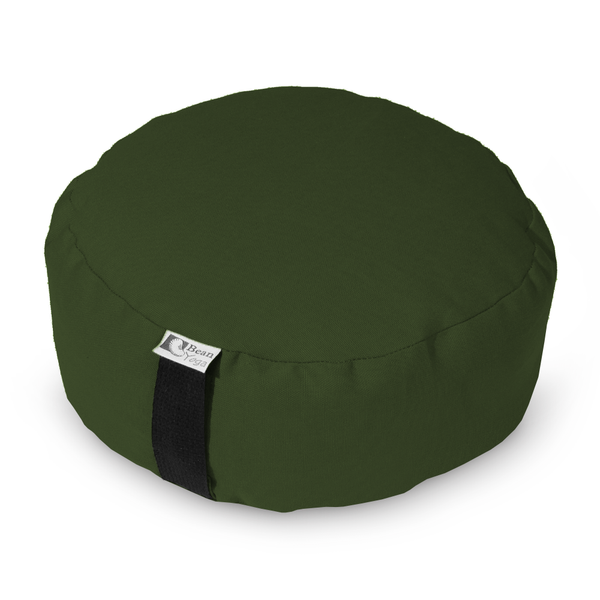 Green meditation cushion with a black strap on a white background