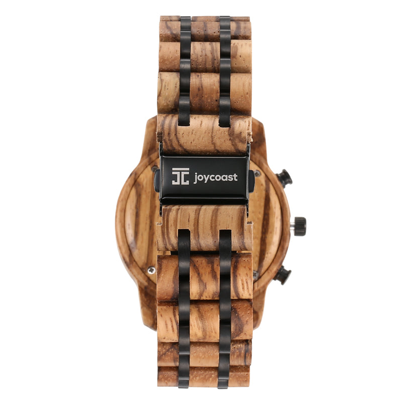 Wooden watch with black accents on a white background, featuring the brand 'joycoast'.