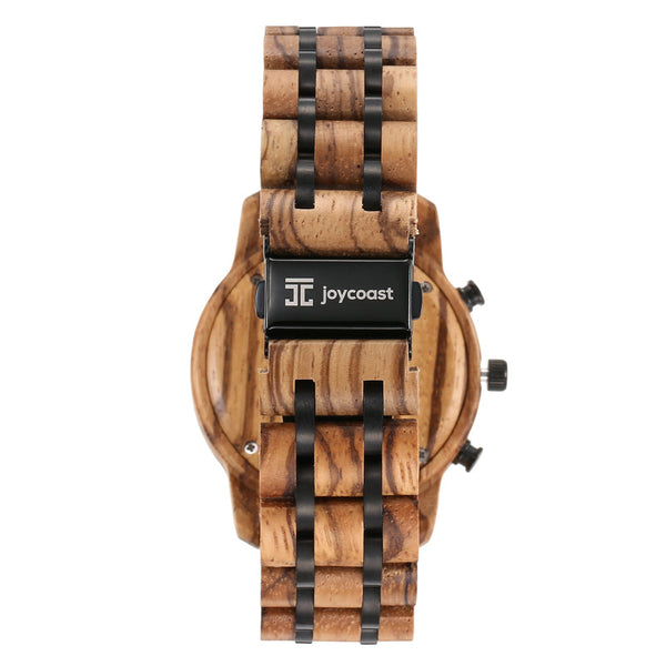 Wooden watch with black accents on a white background, featuring the brand 'joycoast'.