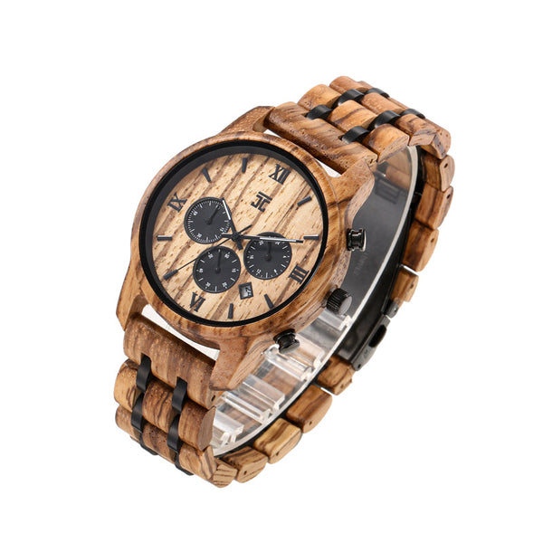 Wooden watch with black face and details on a white background