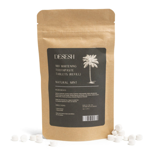 Desesh zero waste whitening toothpaste tablets with hydroxyapatite in certified biodegradable refill pouch