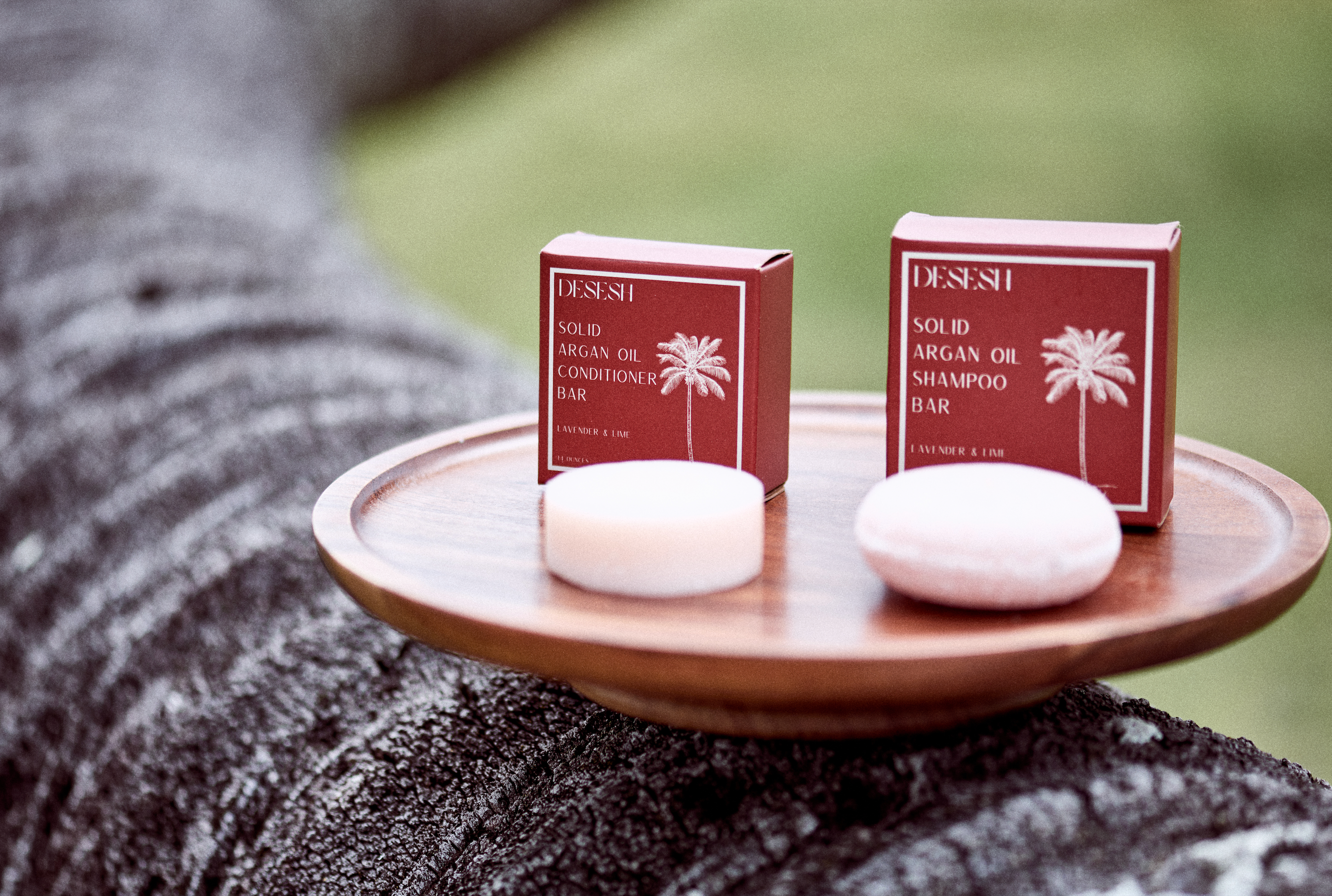 Desesh argan oil shampoo bar and conditioner bar displayed outdoors near a palm tree