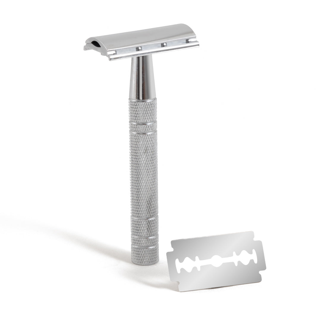 Desesh metal safety razor in silver stainless steel – zero waste, plastic-free shaving razor