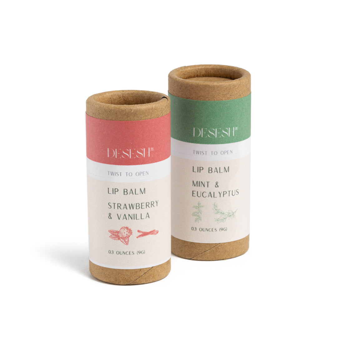 Desesh natural vegan lip balm bundle in compostable packaging – zero waste plastic-free lip balm set for men and women