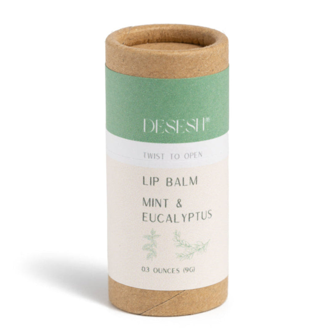 Desesh natural vegan lip balm in compostable cardboard tube scented with Peppermint and Eucalyptus essential oils – plastic-free and zero waste
