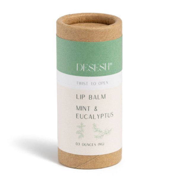 Desesh natural vegan lip balm in compostable cardboard tube scented with Peppermint and Eucalyptus essential oils – plastic-free and zero waste