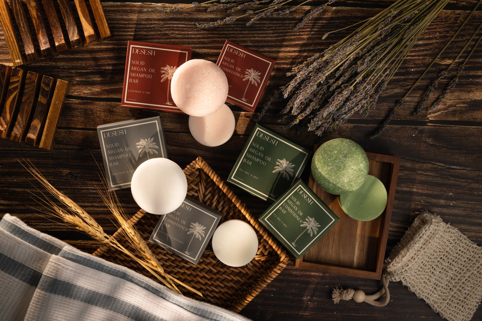 Desesh solid argan oil shampoo bars with compostable packaging showing salon-quality plastic-free hair care