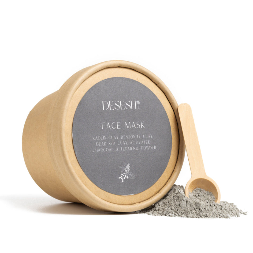 Desesh zero-waste activated charcoal and clay mineral face mask powder in eco-friendly packaging with powder shown