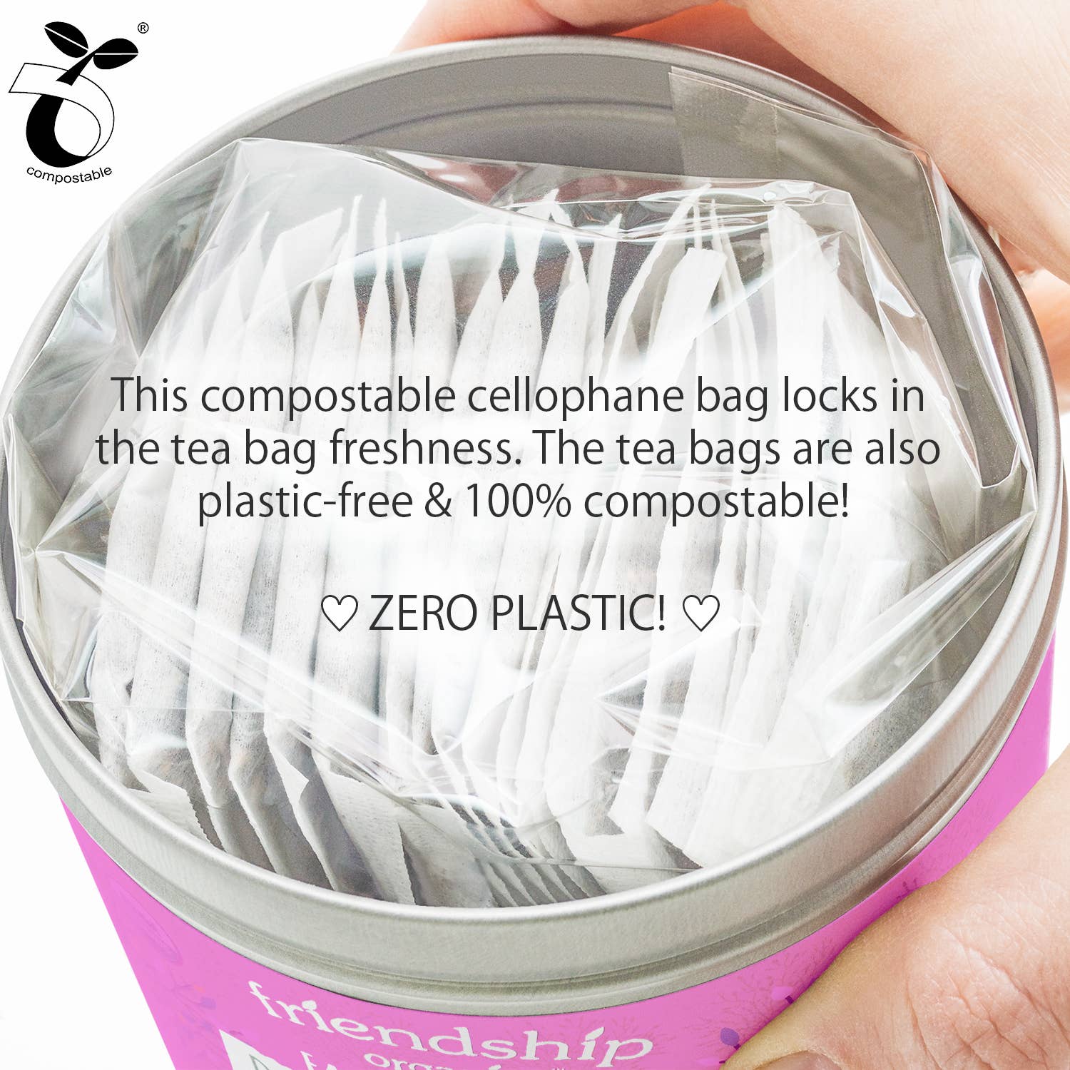 Compostable tea bags in a pink container with text highlighting their zero plastic and compostable properties.
