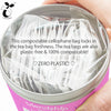 Compostable tea bags in a pink container with text highlighting their zero plastic and compostable properties.