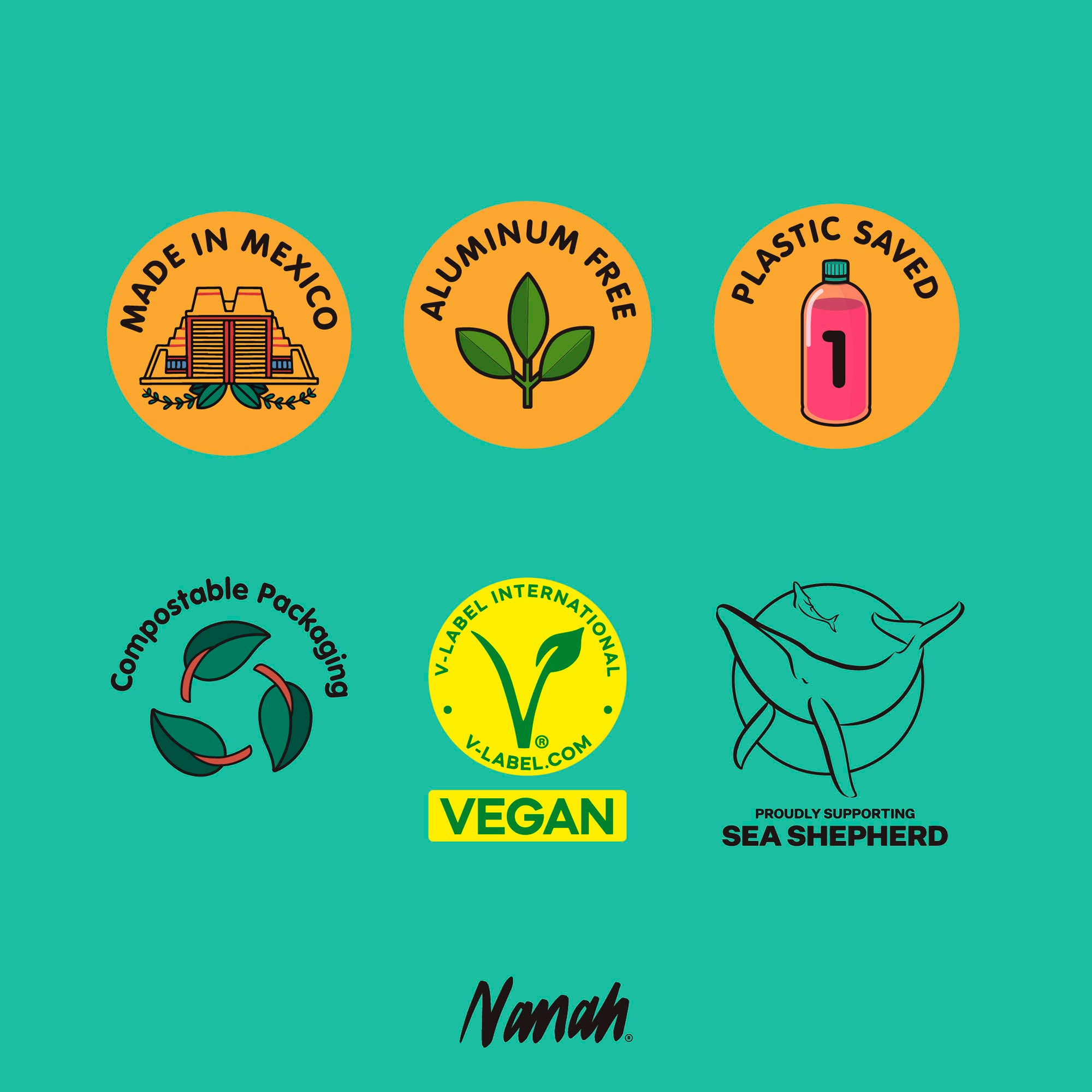 Collection of eco-friendly and ethical branding icons on a teal background with 'Nanah' brand name. Natural Pitahaya Deodorant — Aluminum-Free Solid Deodorant with Magnesium & Dragon Fruit | 24-Hour Protection, Plastic-Free & Handmade