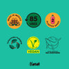 Collection of sustainability icons and logos on a teal background with 'Nanah' brand name.
