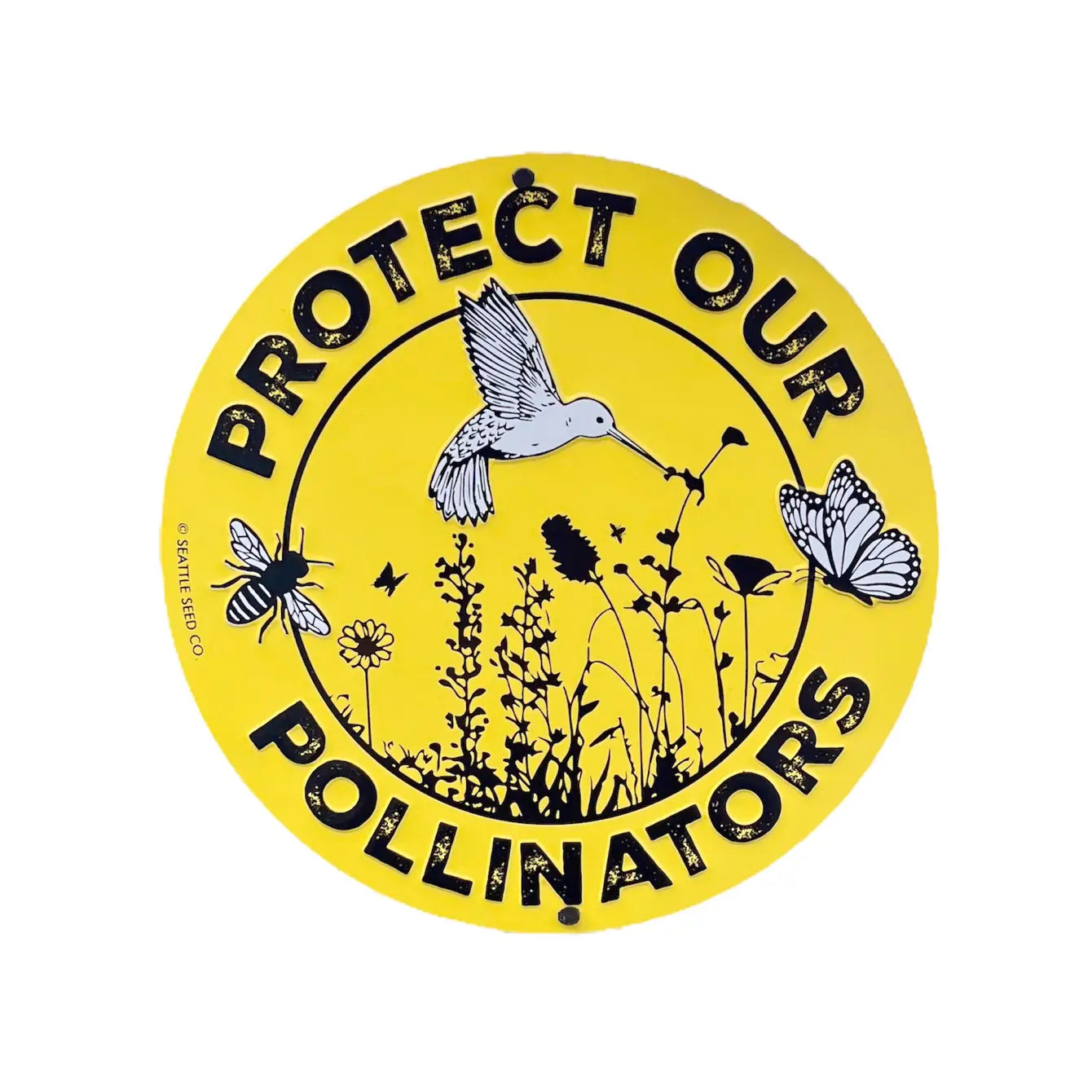 Close-up of the embossed metal pollinator garden sign showing detailed bee, butterfly, and bird design on a round aluminium panel