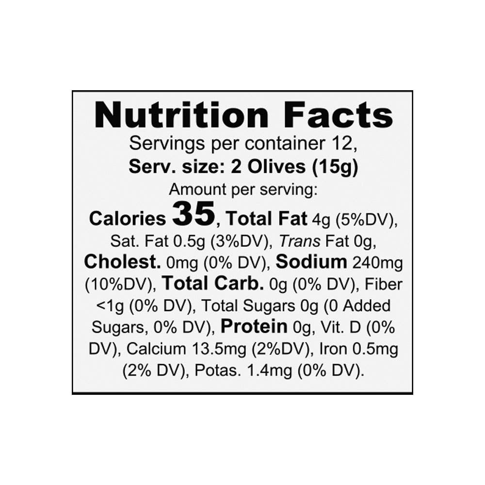 Ingredient and nutrition label on Liokareas Organic Kalamata Pitted Olives 13oz jar