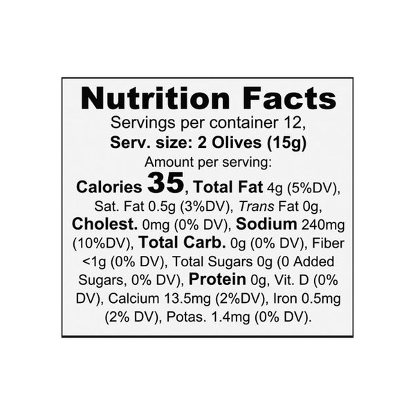 Ingredient and nutrition label on Liokareas Organic Kalamata Pitted Olives 13oz jar