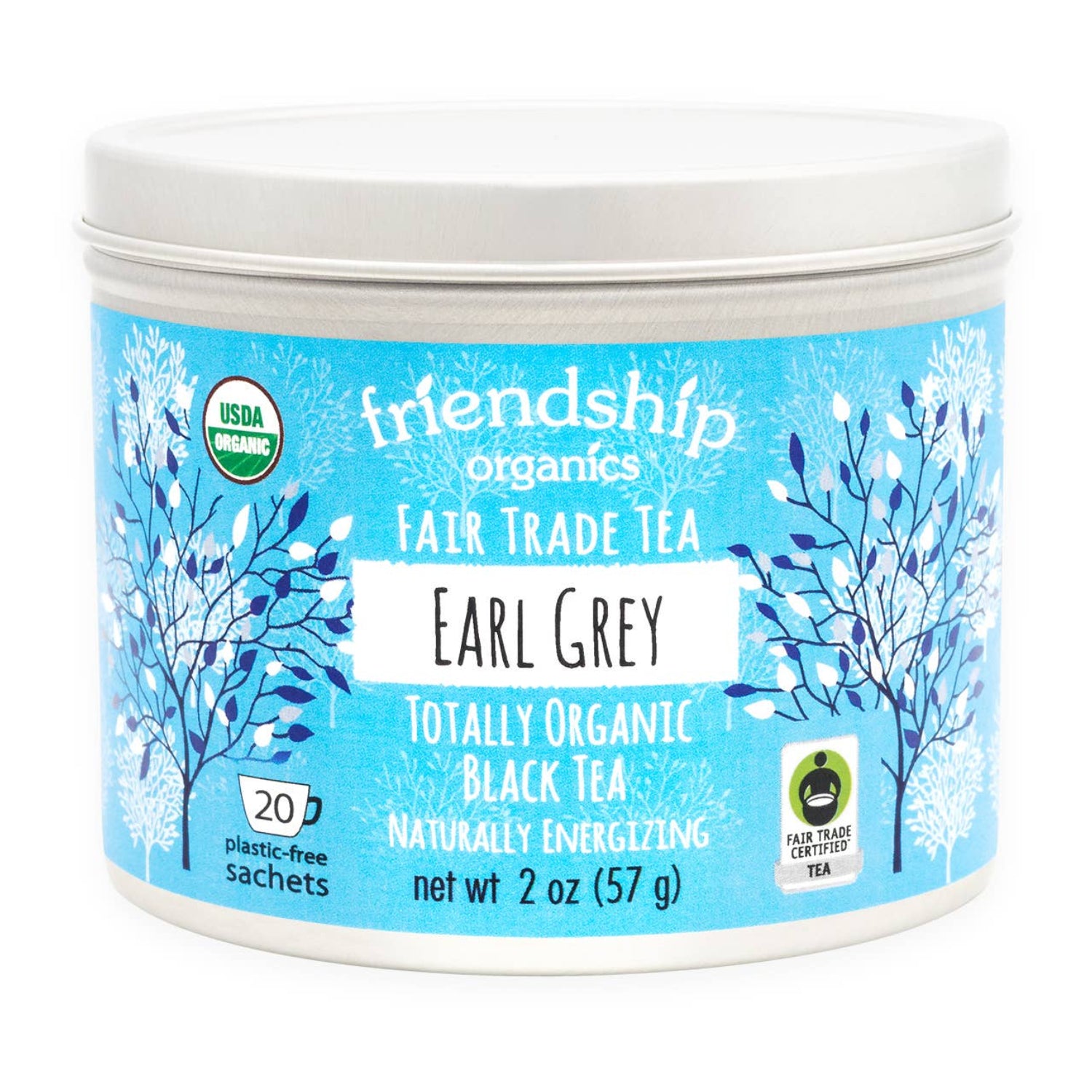 Friendship Organics organic Earl Grey black tea in a reusable recyclable tin with plastic-free packaging