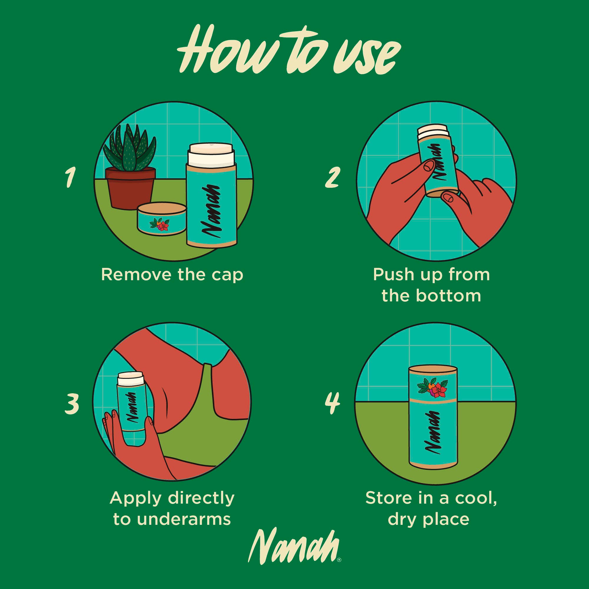 Instructions on how to use a product with illustrations and text on a green background. NANAH Rosemary natural deodorant — aluminum-free, 24-hour protection for excessive sweating. Magnesium, zinc ricinoleate & rosemary oil. Plastic-free. Shop now.