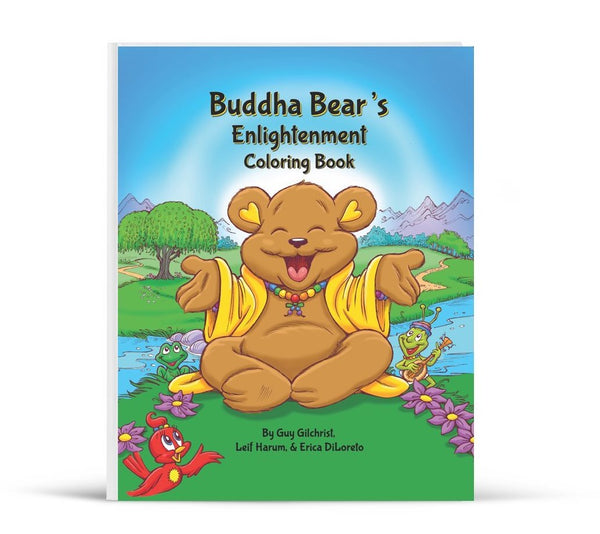 Buddha Bear's Enlightenment Coloring Book cover illustrated by Guy Gilchrist on eco-friendly lokta bark paper