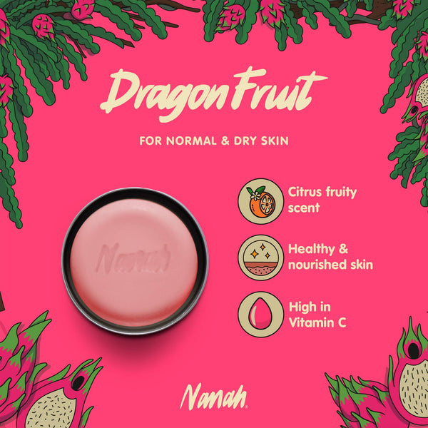 Dragon fruit product for normal and dry skin with brand name on pink background. Firming dragon fruit body cream bar with shea butter, vitamin E & pitahaya oil — deeply hydrates dry skin, stimulates collagen & saves plastic. A perfect gift. Shop now.