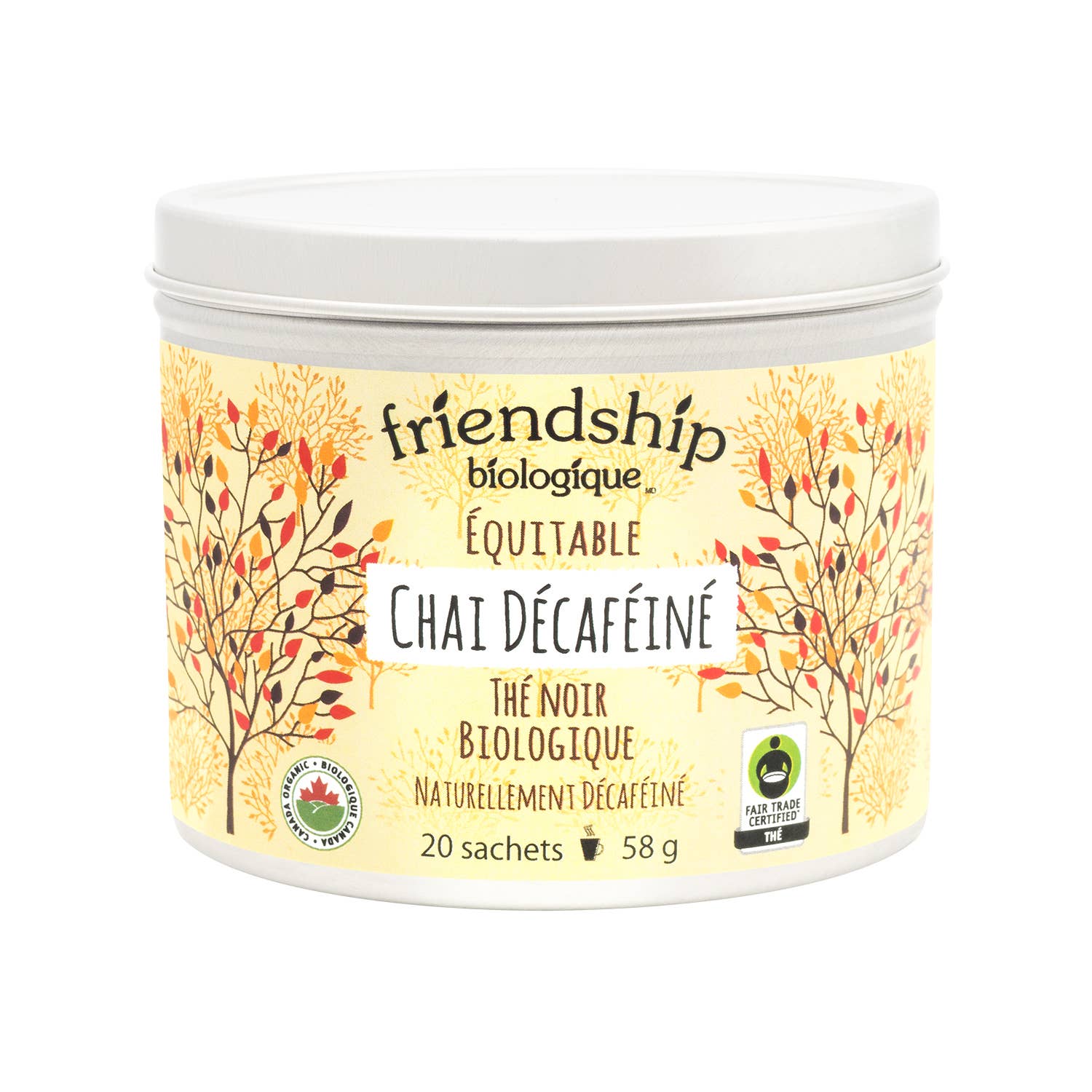 Jar of decaffeinated black tea with autumn-themed label on a white background