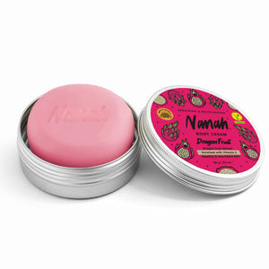 Nanah Mexico Dragon Fruit Body Cream Bar in silver tin with pink label on white background