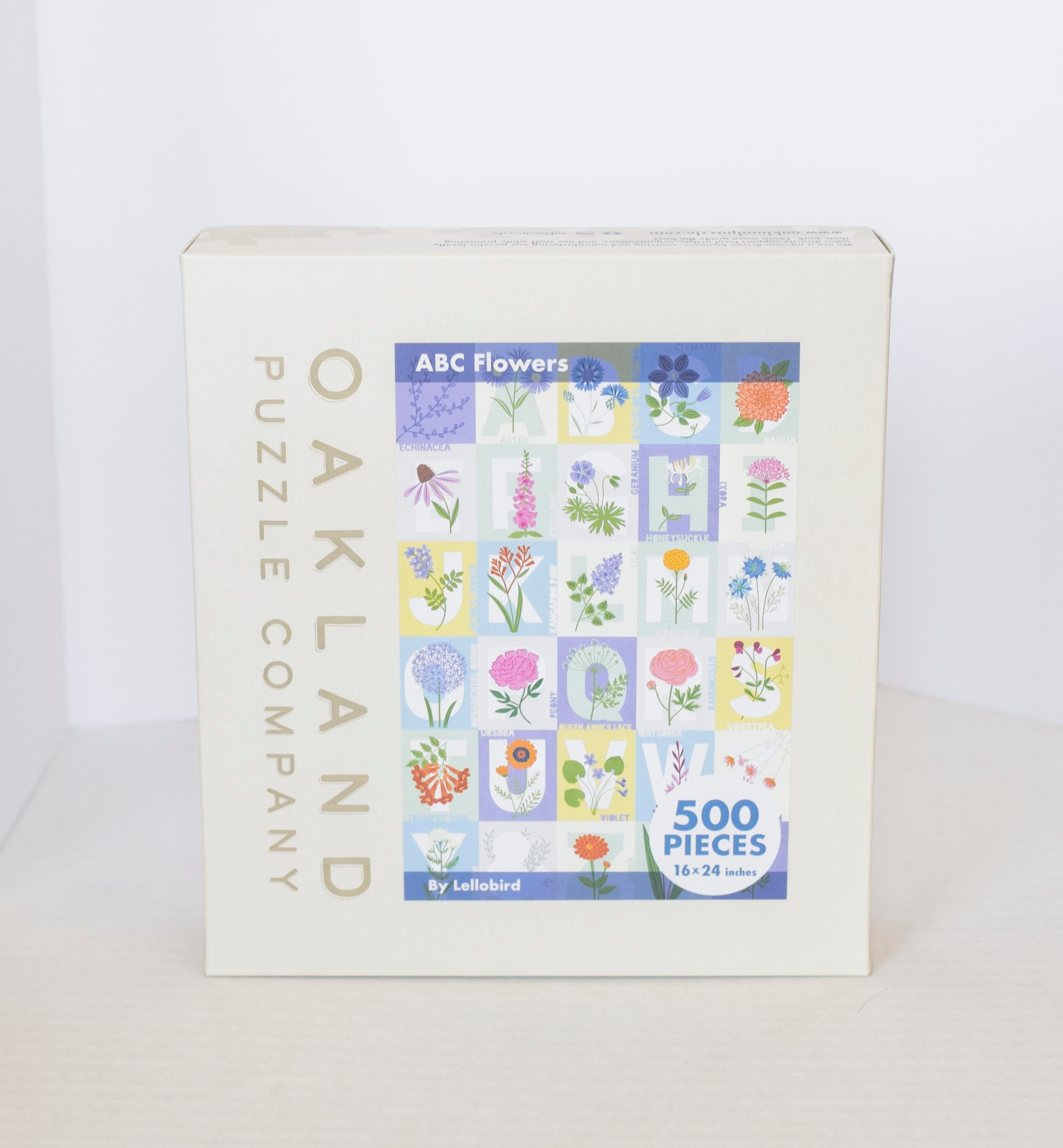Box for the ABC Flowers 500-piece jigsaw puzzle by Lellobird, printed with the original artwork