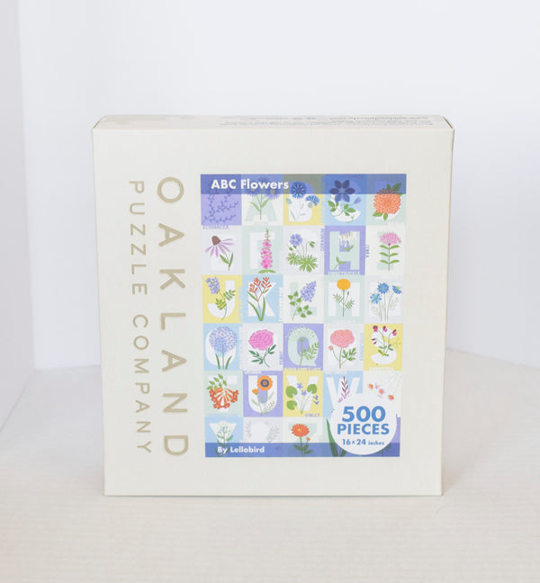 Box for the ABC Flowers 500-piece jigsaw puzzle by Lellobird, printed with the original artwork
