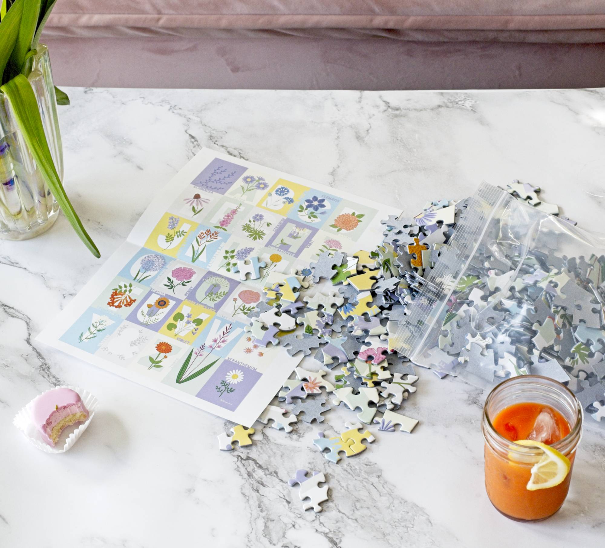 ABC Flowers 500-piece jigsaw puzzle by Lellobird shown in a lifestyle setting