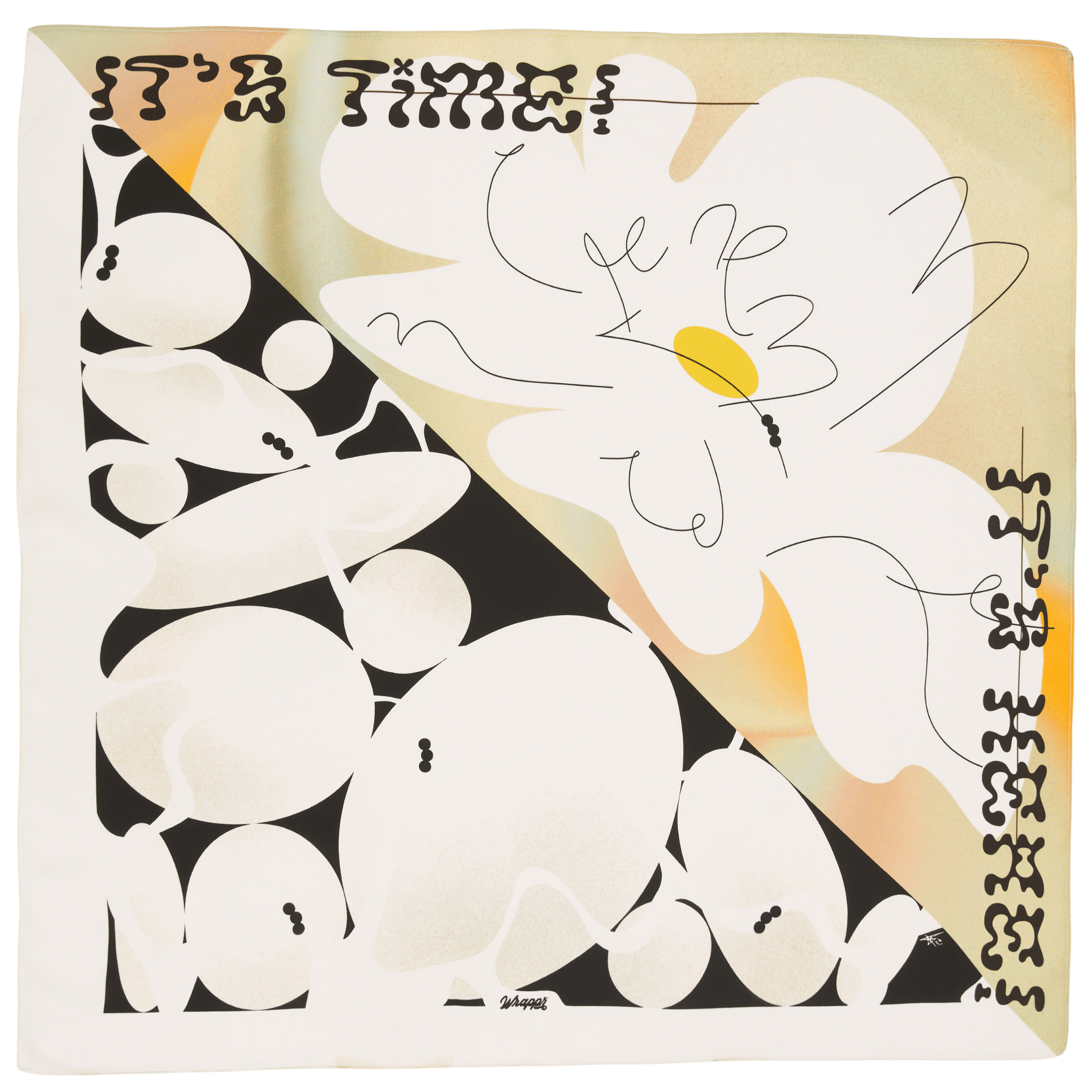 Above furoshiki gift wrap in 28-inch cotton and mulberry silk with original springtime artwork by Essery Waller, laid flat