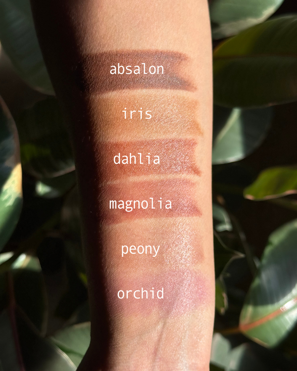 Absalon tallow lip and cheek tint pan swatched to show natural pigment on skin