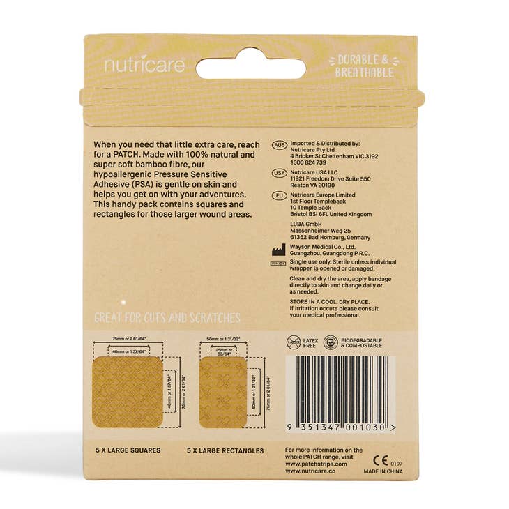 Grands bandages adhésifs naturels - Pack de 10 bandes - Biodégradables, compostables, durables, végétaliens