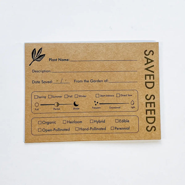 Set of 6 kraft paper seed saving envelopes by Seattle Seed Company with printed fields for plant information