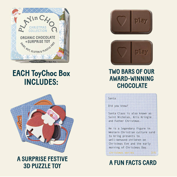 Playin Choc Christmas Collection packaging with chocolate bars, puzzle toy, and fun facts card on a beige background.