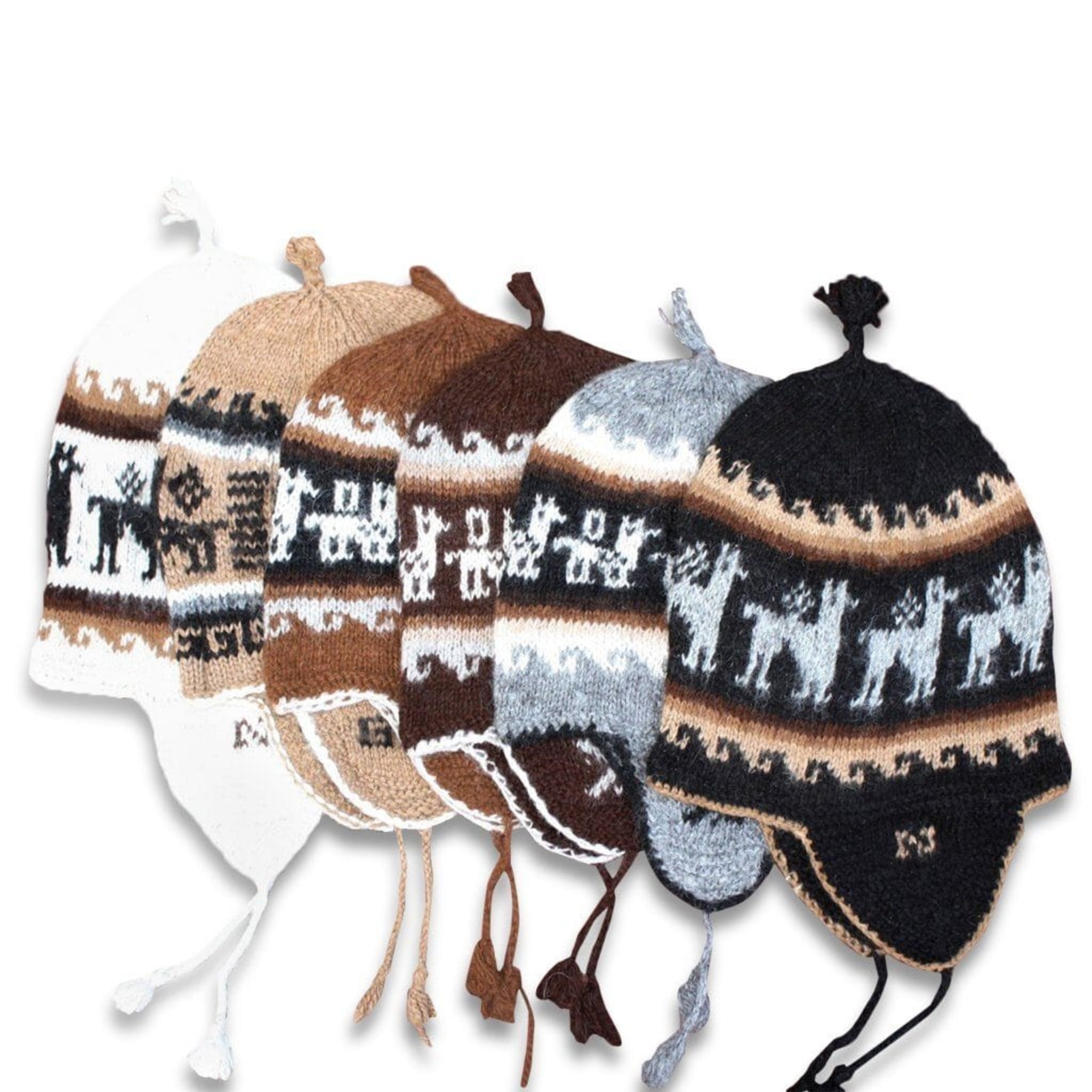Set of knitted hats with animal patterns on a white background