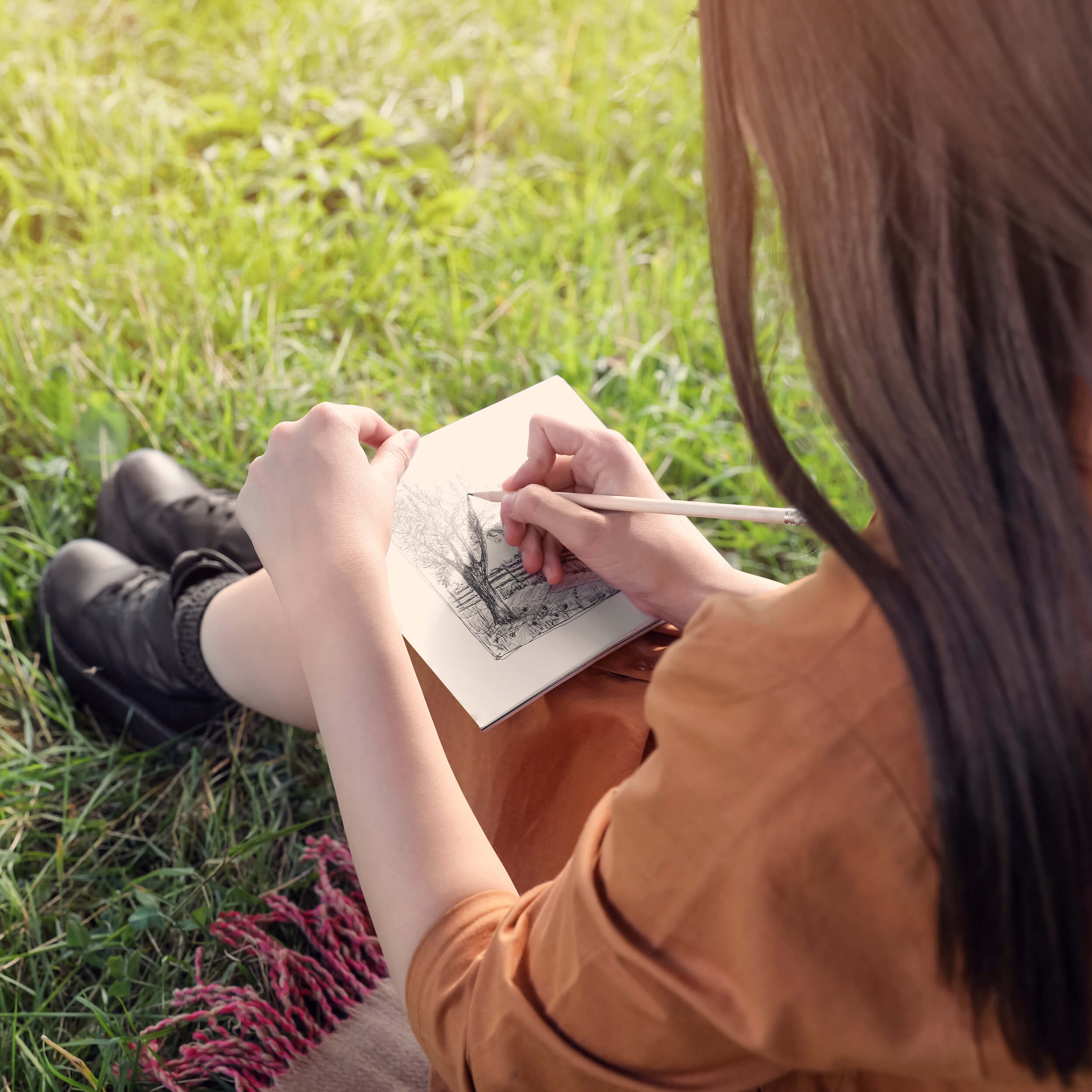 Person sitting on grass drawing in a book