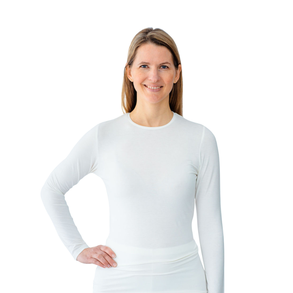 Front view of Remedywear™ adult long sleeve eczema shirt in white