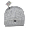 Gray knit beanie with a tag on a white background
